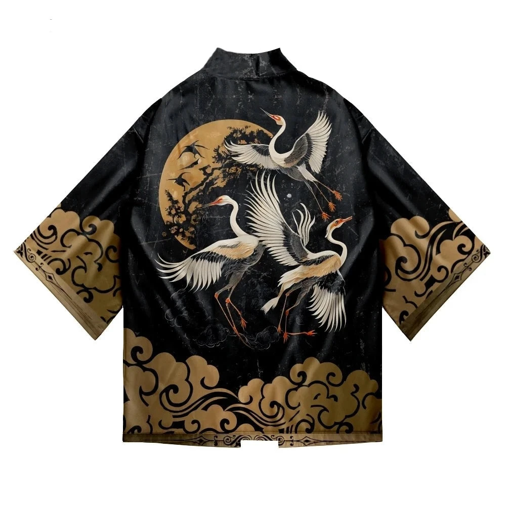 Apparel Japanese-themed Crane Print Black Gold Unisex Kimono - Image 2