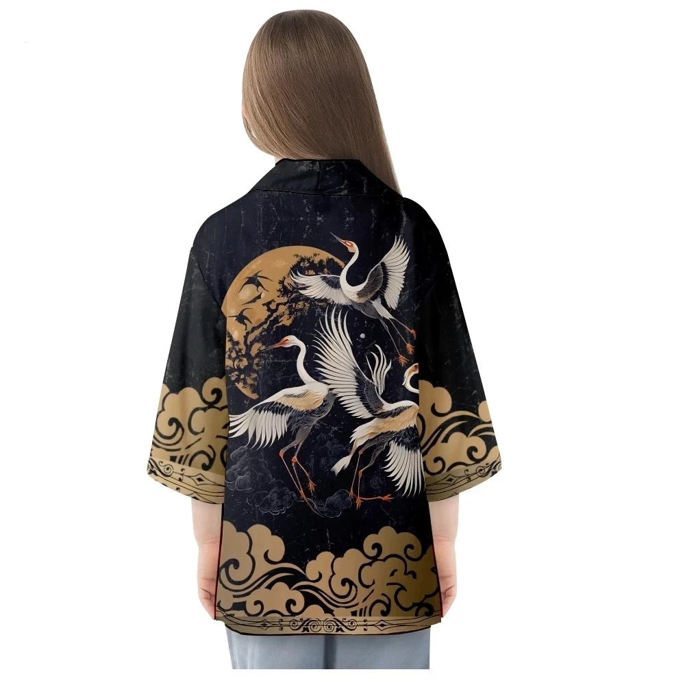 Apparel Japanese-themed Crane Print Black Gold Unisex Kimono - Image 4