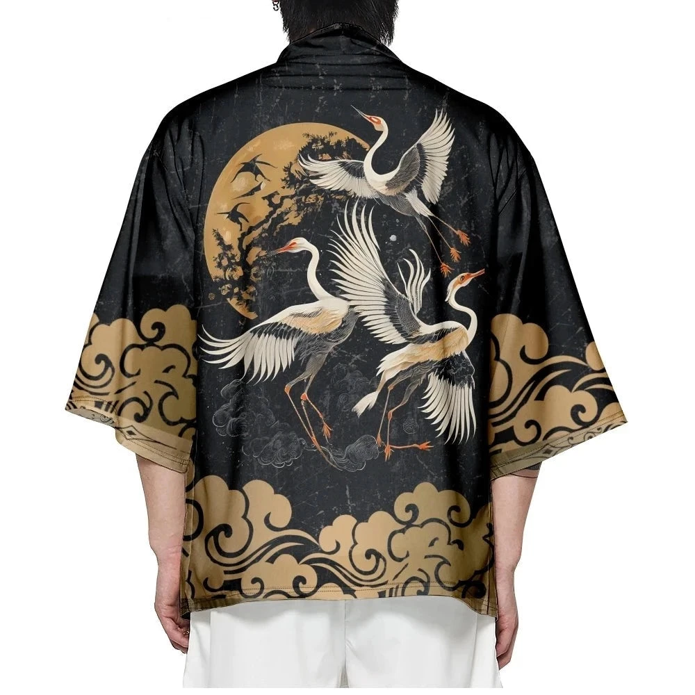 Apparel Japanese-themed Crane Print Black Gold Unisex Kimono