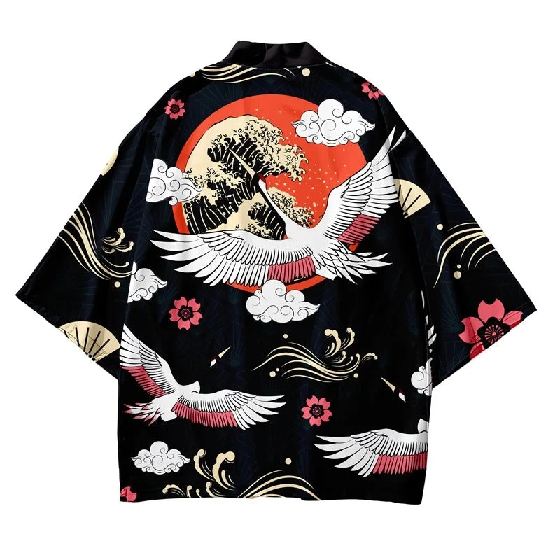 Apparel Japanese-themed Cranes Mt Fuji Navy Sun Black Unisex Kimonos - Image 2