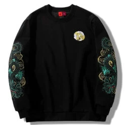 Apparel Japanese-themed Emerald Dragon Embroidery Unisex Black Sweatshirt
