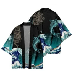 Apparel Japanese-Themed Kanagawa Wave Black Unisex Kimono