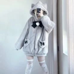 Apparel Japanese-themed Kawaii Cat Ears Bow Fluffy Jacket Coat