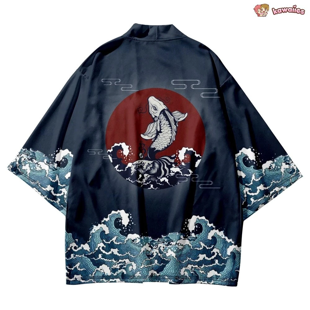 Apparel Japanese-themed Koi Great Wave Off Kanagawa Unisex Navy Kimono - Image 4