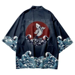 Apparel Japanese-themed Koi Great Wave Off Kanagawa Unisex Navy Kimono