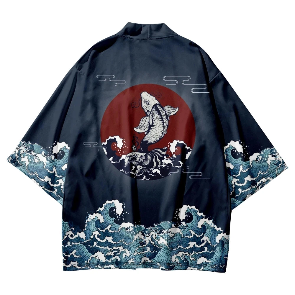 Apparel Japanese-themed Koi Great Wave Off Kanagawa Unisex Navy Kimono