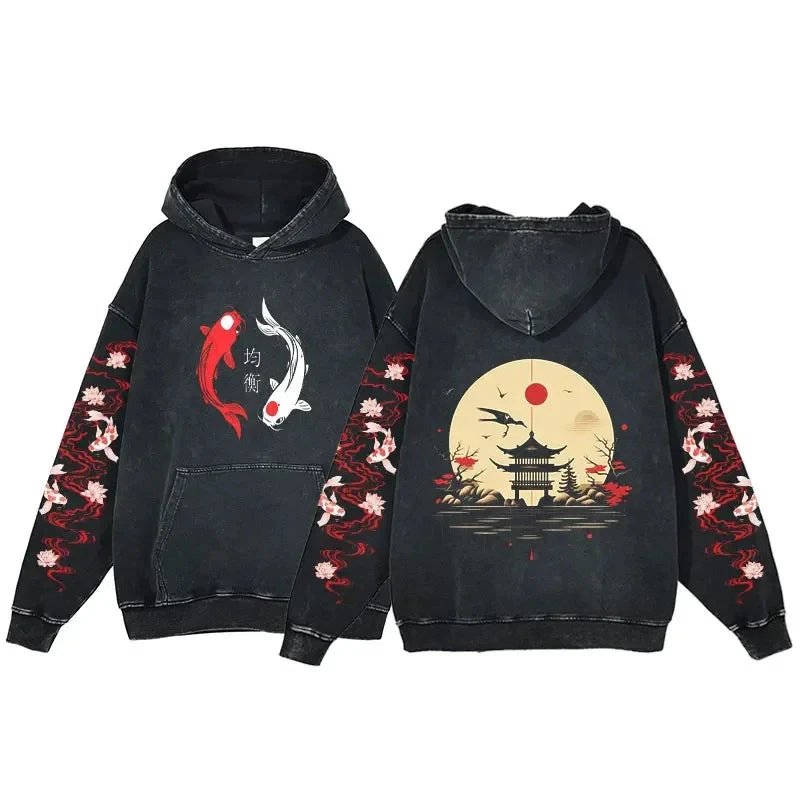 Apparel Japanese-themed Koi Pagoda Sunrise Vintage Unisex Hoodie