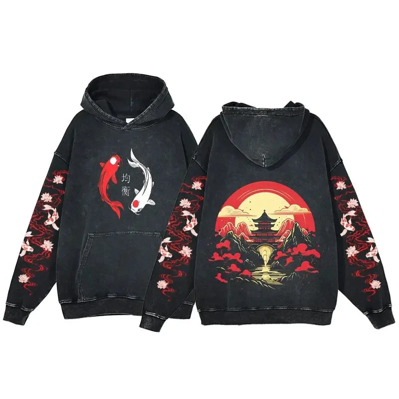 Apparel Japanese-themed Koi Pagoda Sunrise Vintage Unisex Hoodie - Image 2
