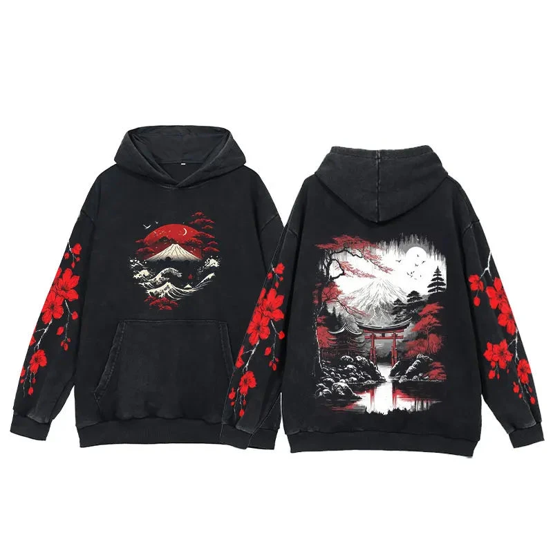 Apparel Japanese-themed Mt Fuji Landscape Unisex Vintage Washed Hoodies - Image 2