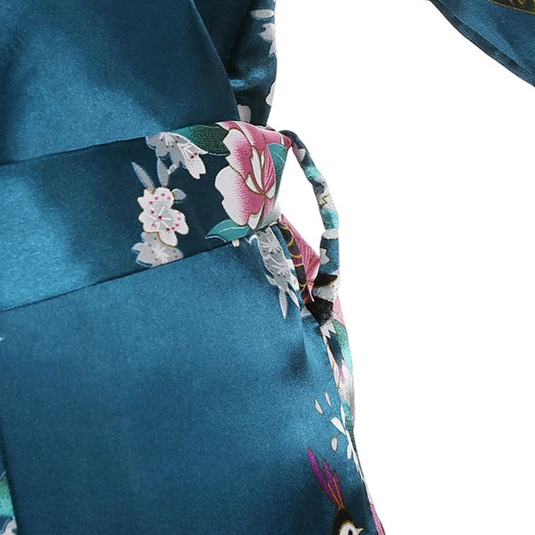 Apparel Japanese-themed Peacock Floral Women's Yukata Kimono Robe Cardigan With Belt - Image 17