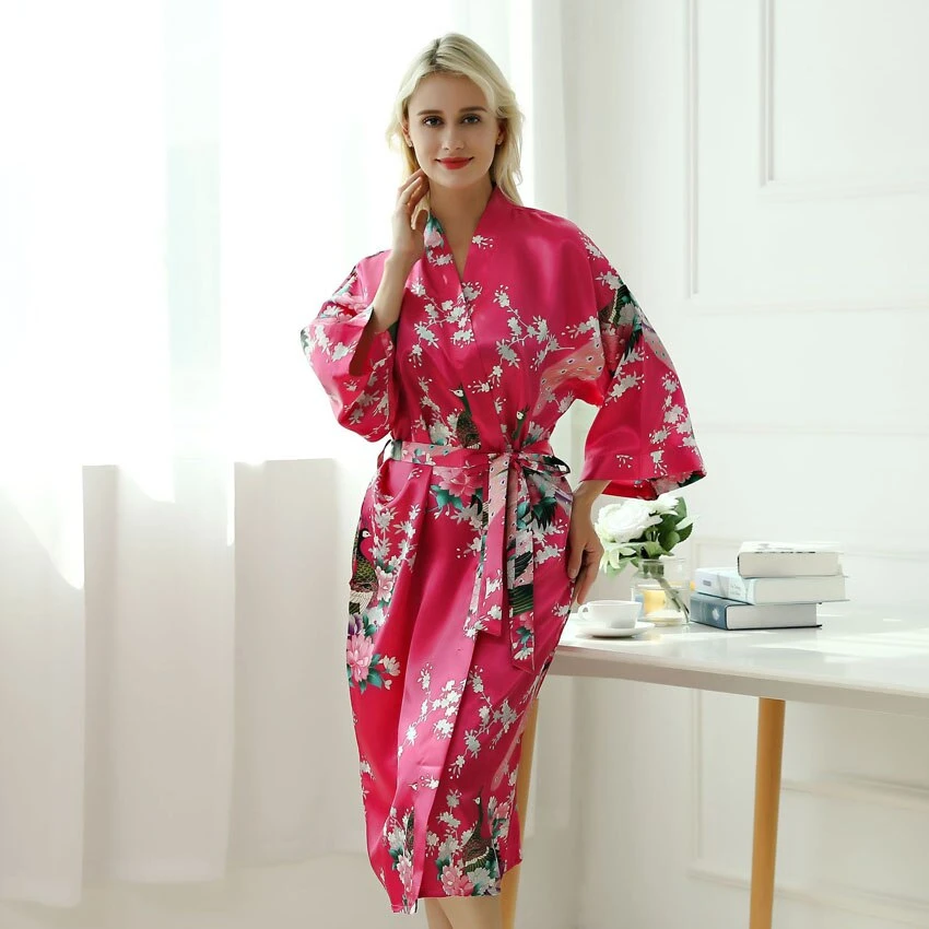 Apparel Japanese-themed Peacock Floral Women's Yukata Kimono Robe Cardigan With Belt - Image 4