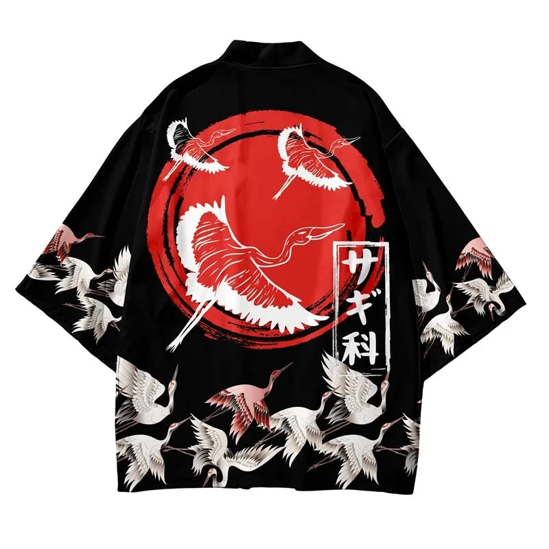 Apparel Japanese-themed Red Sun White Cranes Unisex Kimono - Image 3