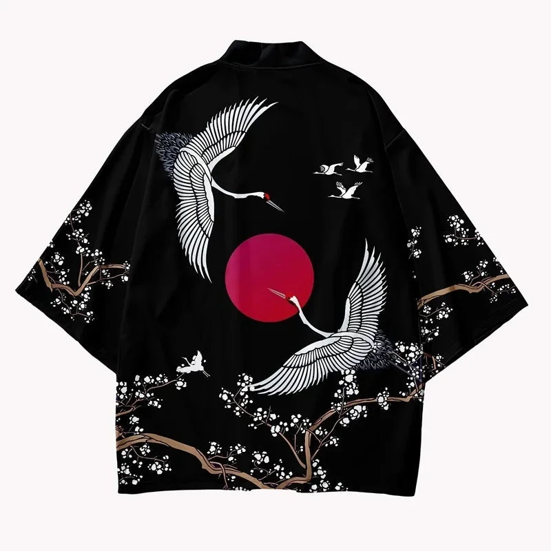 Apparel Japanese-themed Red Sun White Cranes Unisex Kimono