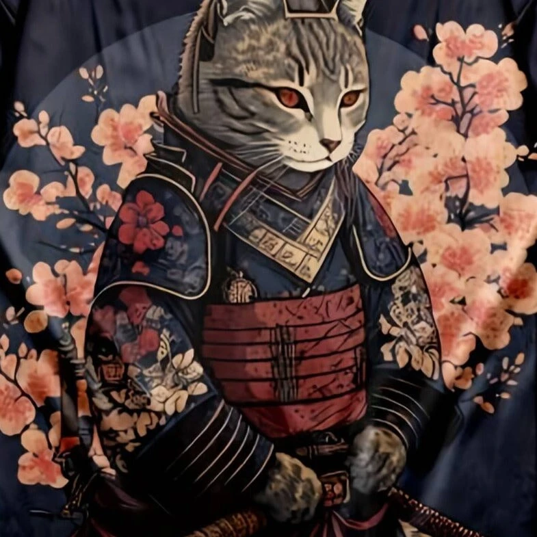 Apparel Japanese-themed Sakura Samurai Cat Print Unisex Kimono - Image 7