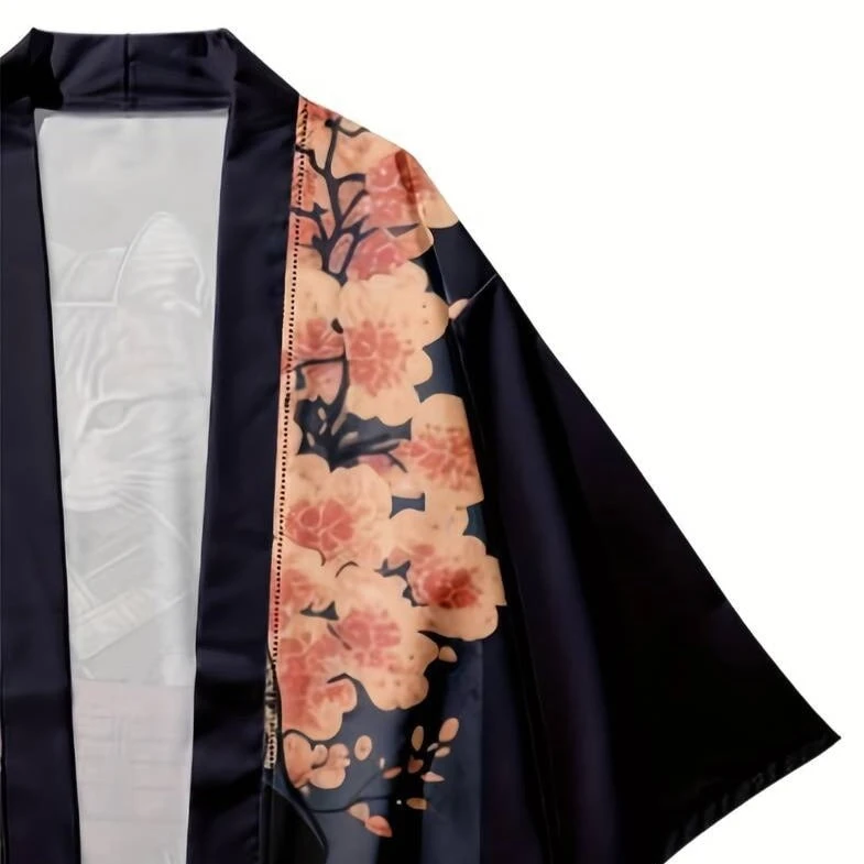 Apparel Japanese-themed Sakura Samurai Cat Print Unisex Kimono - Image 6