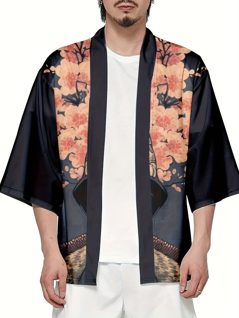 Apparel Japanese-themed Sakura Samurai Cat Print Unisex Kimono - Image 8