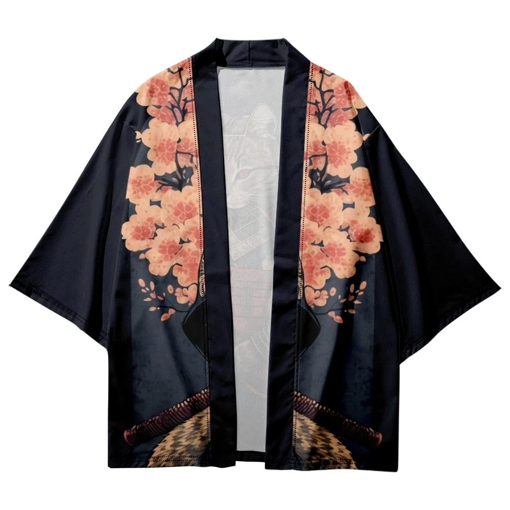 Apparel Japanese-themed Sakura Samurai Cat Print Unisex Kimono - Image 4