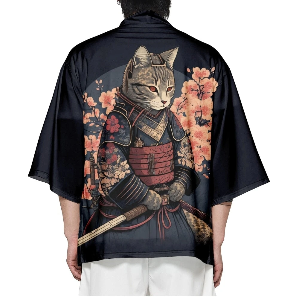 Apparel Japanese-themed Sakura Samurai Cat Print Unisex Kimono - Image 3