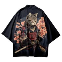Apparel Japanese-themed Sakura Samurai Cat Print Unisex Kimono