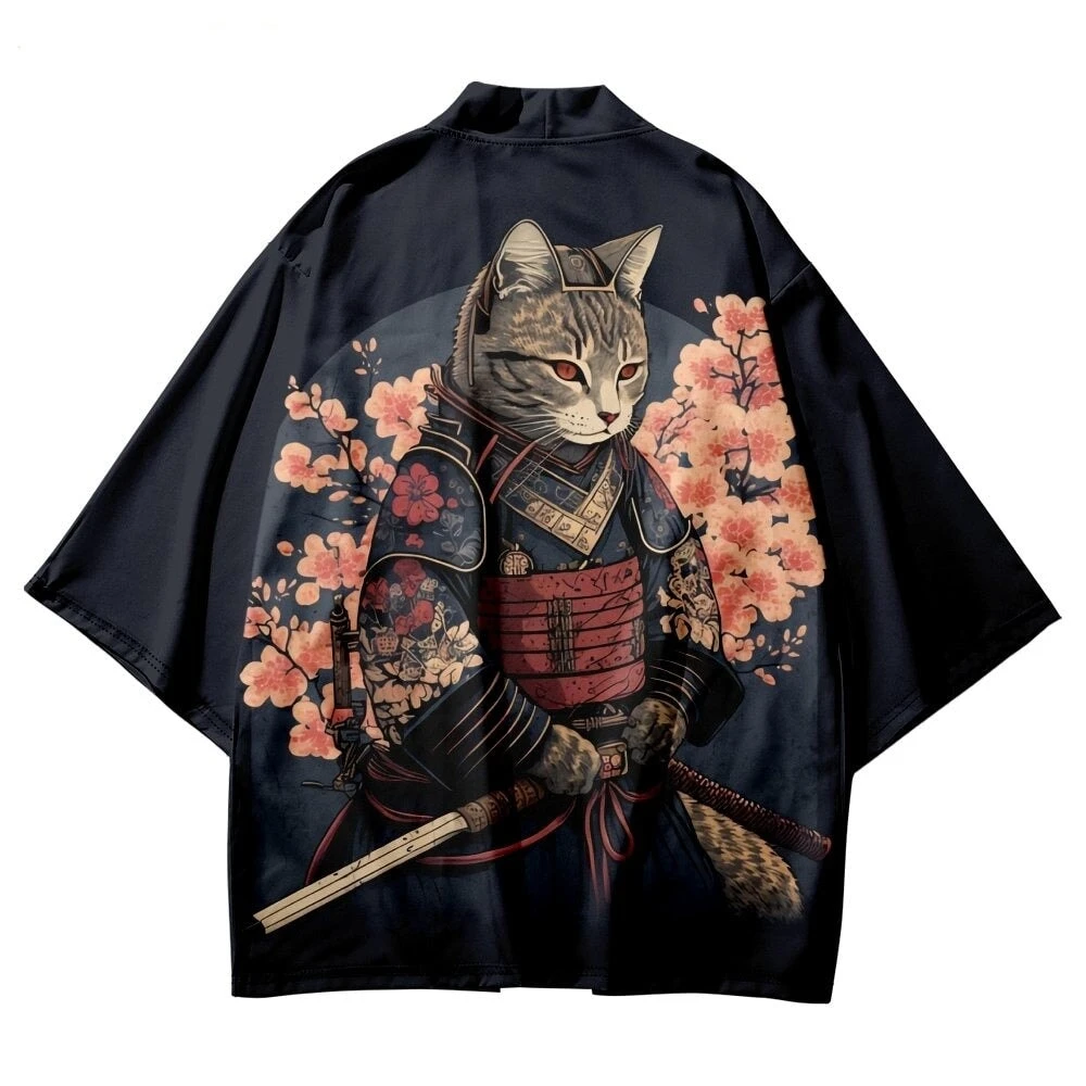 Apparel Japanese-themed Sakura Samurai Cat Print Unisex Kimono