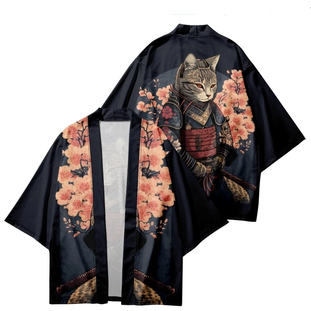 Apparel Japanese-themed Sakura Samurai Cat Print Unisex Kimono - Image 2