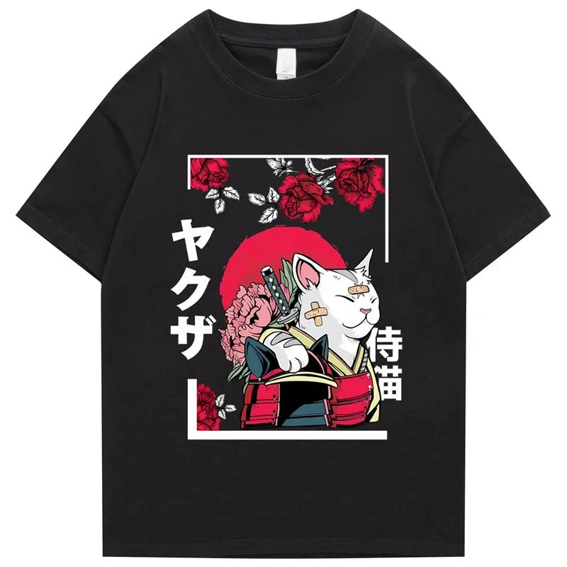Apparel Japanese-themed Samurai Cat Rose Kanji Unisex Tee