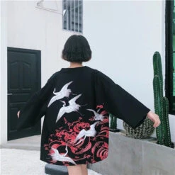Apparel Japanese-themed White Cranes Red Black Women's Kimono
