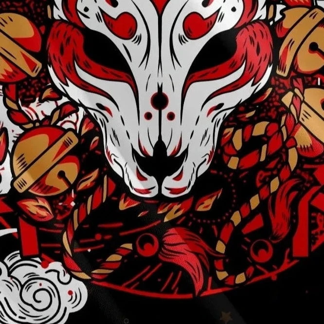 Apparel Japanese-themed White Fox Mask Print Unisex Kimono - Image 4