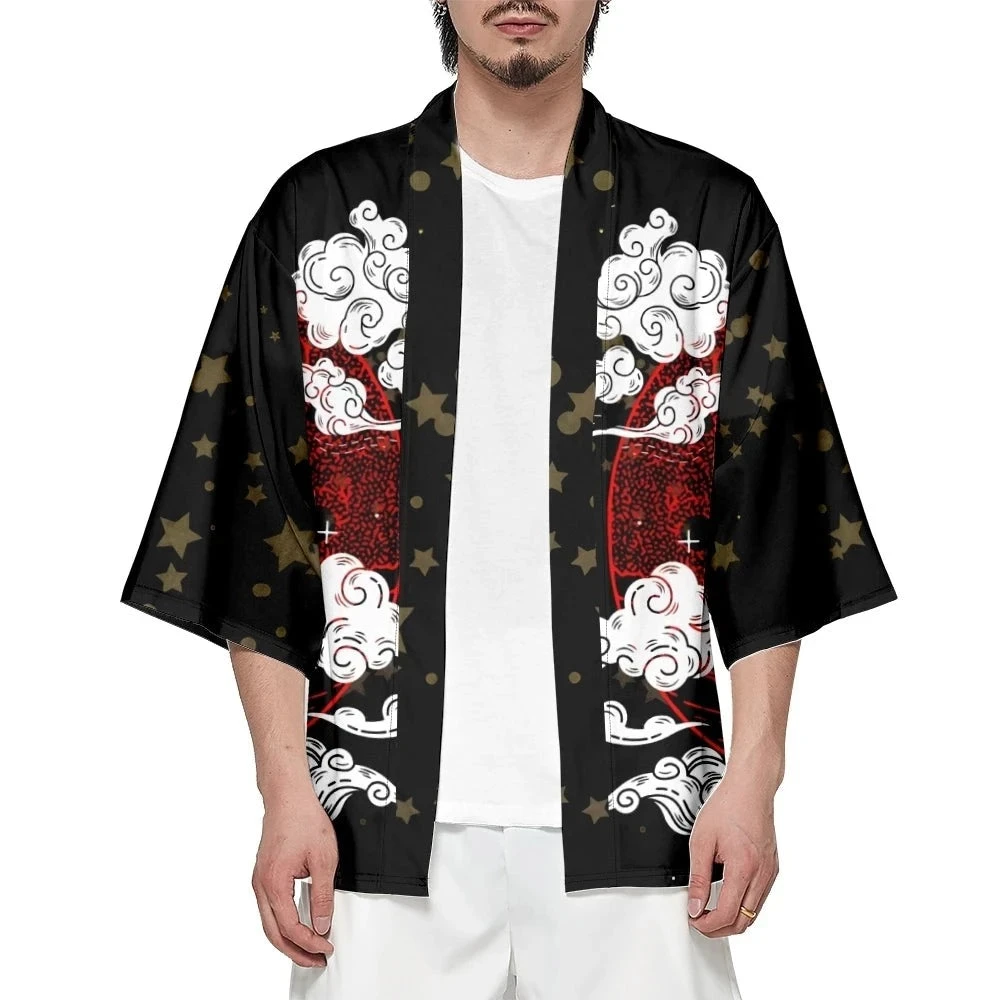 Apparel Japanese-themed White Fox Mask Print Unisex Kimono - Image 2