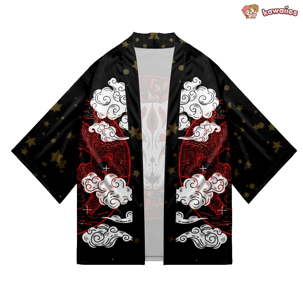 Apparel Japanese-themed White Fox Mask Print Unisex Kimono - Image 9