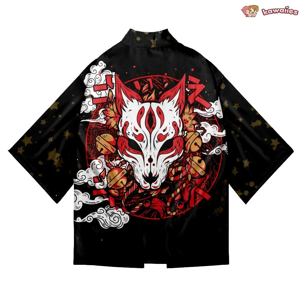 Apparel Japanese-themed White Fox Mask Print Unisex Kimono - Image 5