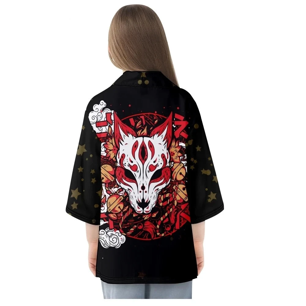 Apparel Japanese-themed White Fox Mask Print Unisex Kimono - Image 3