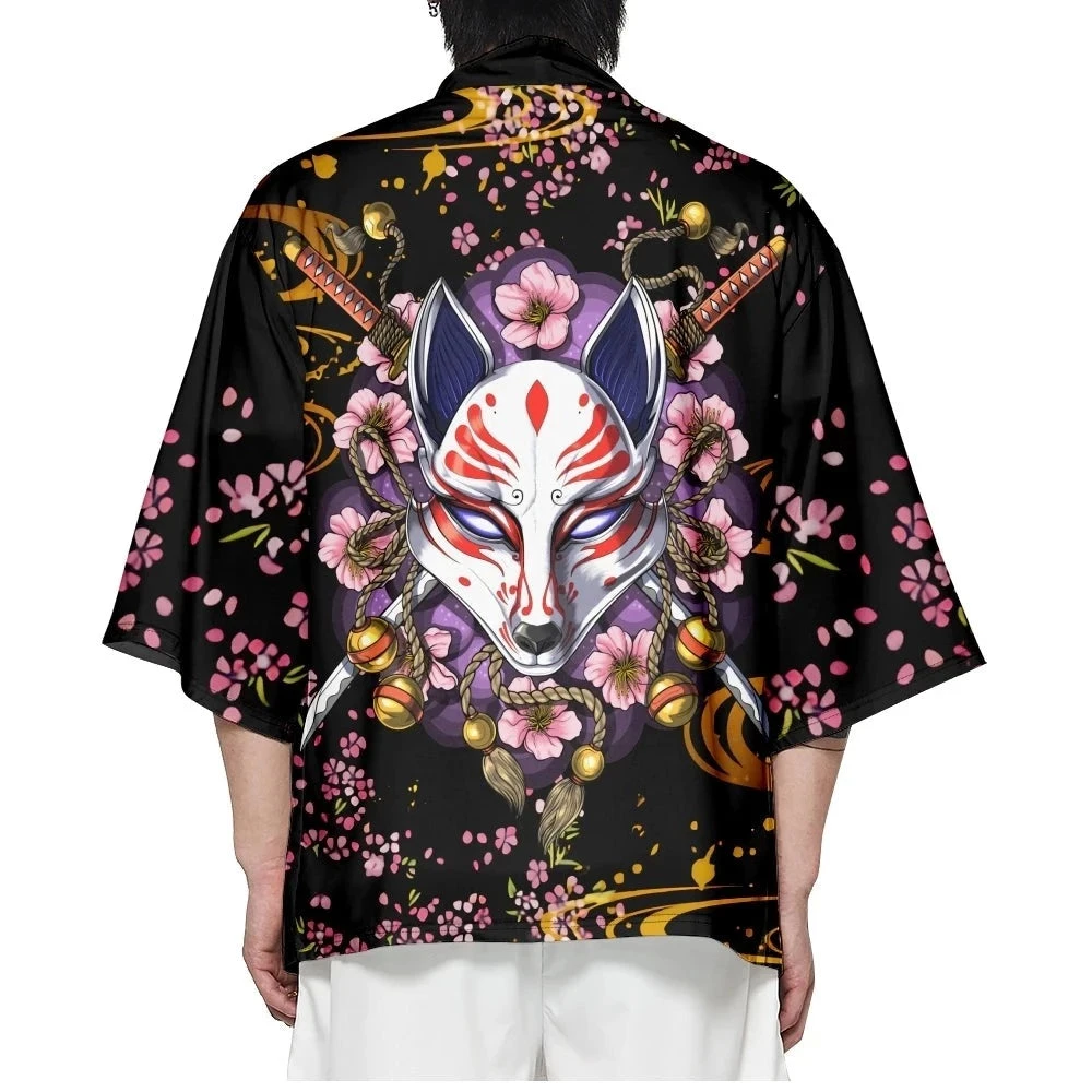 Apparel Japanese-themed White Fox Mask Sakura Unisex Kimono