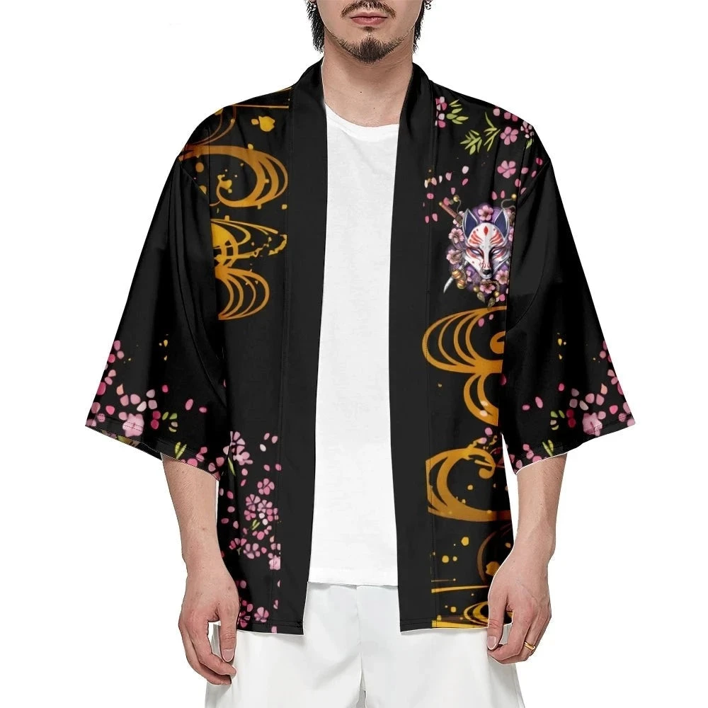 Apparel Japanese-themed White Fox Mask Sakura Unisex Kimono - Image 5