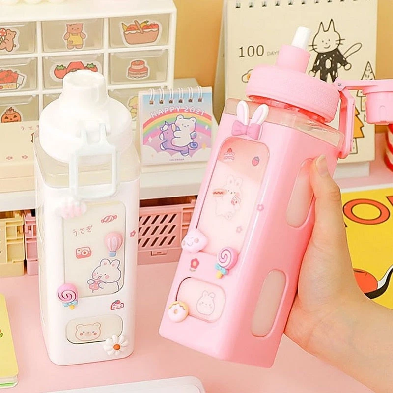 Kawaii Bear White Pink Rectangle Plastic Bottle With 3D Sticker - Image 4