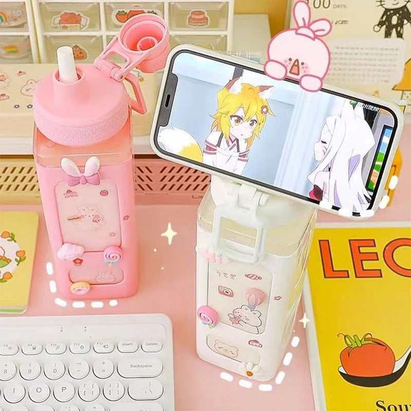 Kawaii Bear White Pink Rectangle Plastic Bottle With 3D Sticker - Image 5
