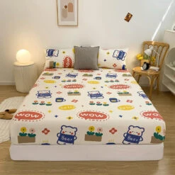 Kawaii Blue Bear Fitted Bed Sheet