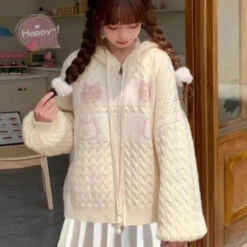 Apparel Kawaii Creamy Knit Cat Patch Zip-Up Hoodie