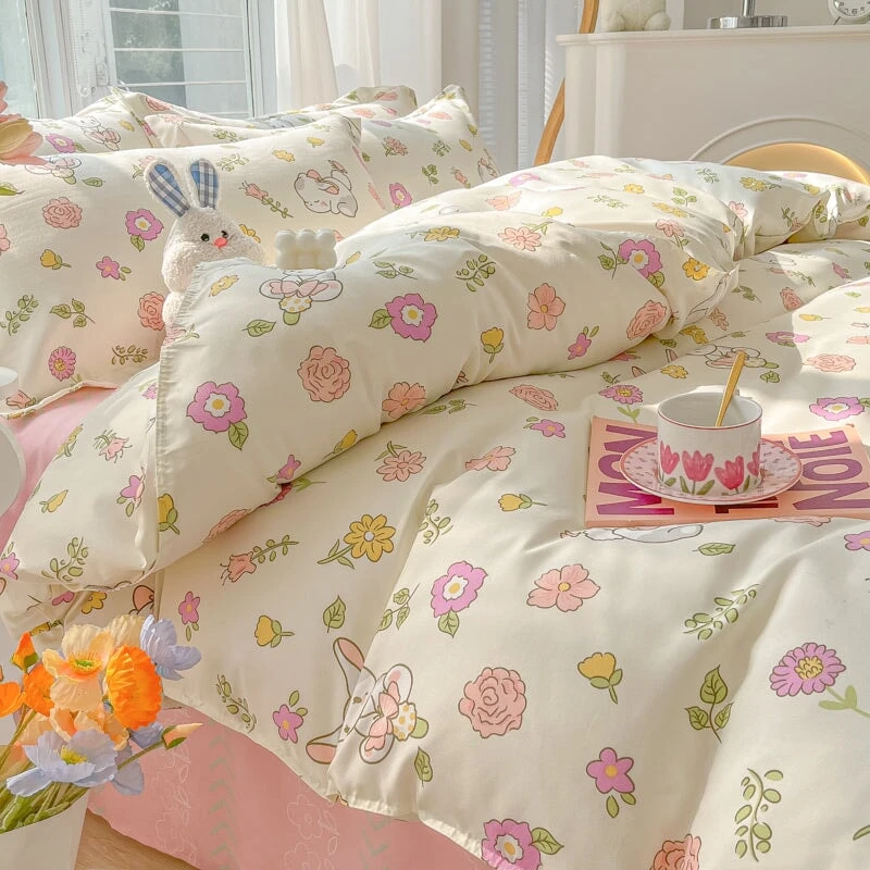 Kawaii Dreamy Floral Bunny 120gsm Polyester Bedding Set Collection - Image 12