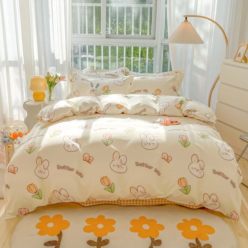 Kawaii Dreamy Floral Bunny 120gsm Polyester Bedding Set Collection - Image 3