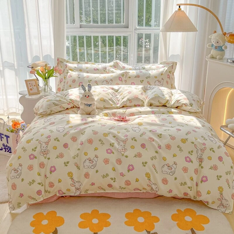 Kawaii Dreamy Floral Bunny 120gsm Polyester Bedding Set Collection