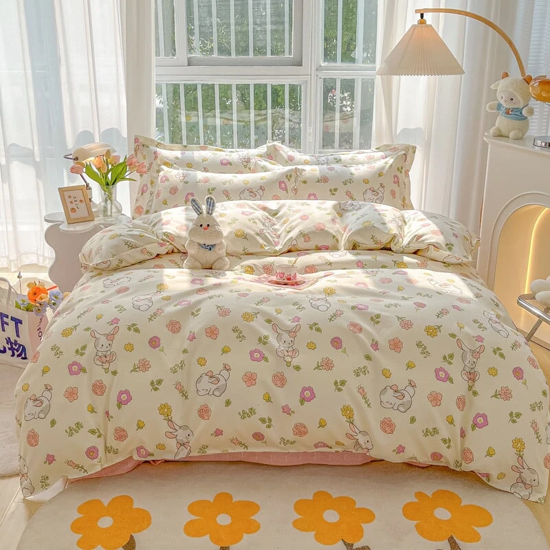Kawaii Dreamy Floral Bunny 120gsm Polyester Bedding Set Collection - Image 10