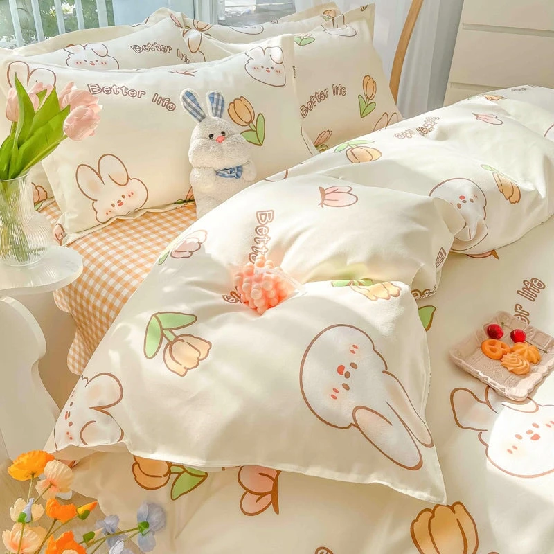 Kawaii Dreamy Floral Bunny 120gsm Polyester Bedding Set Collection - Image 4