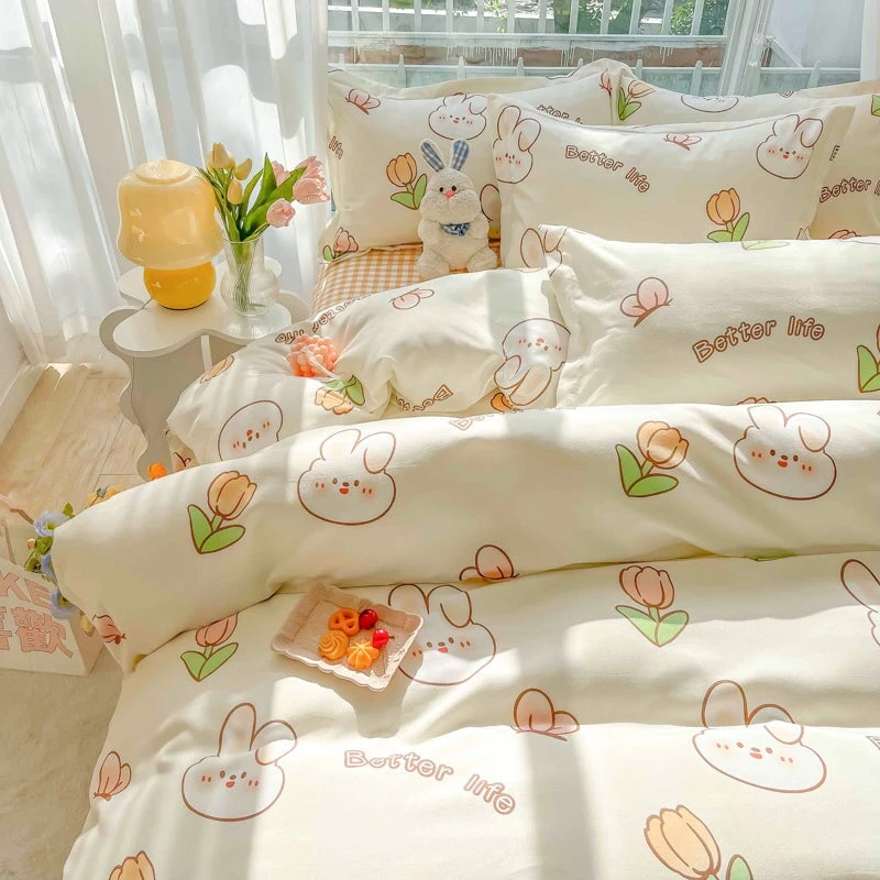 Kawaii Dreamy Floral Bunny 120gsm Polyester Bedding Set Collection - Image 9