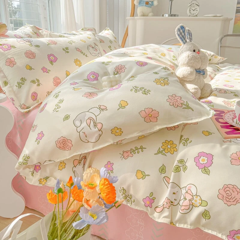 Kawaii Dreamy Floral Bunny 120gsm Polyester Bedding Set Collection - Image 11