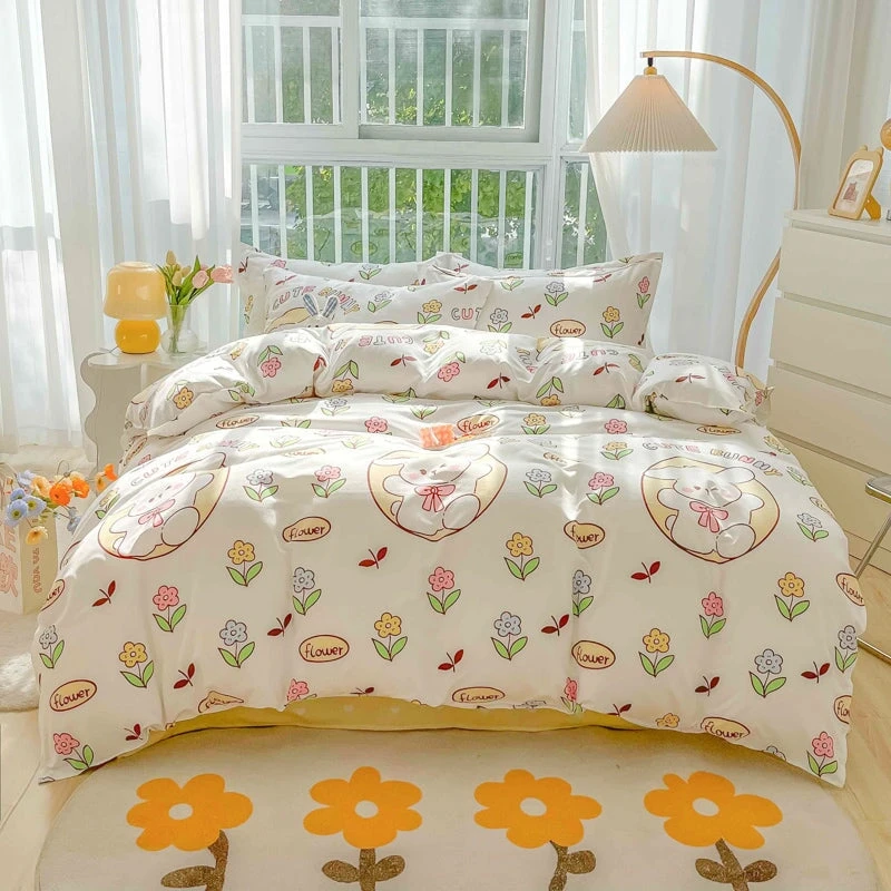 Kawaii Dreamy Floral Bunny 120gsm Polyester Bedding Set Collection - Image 2