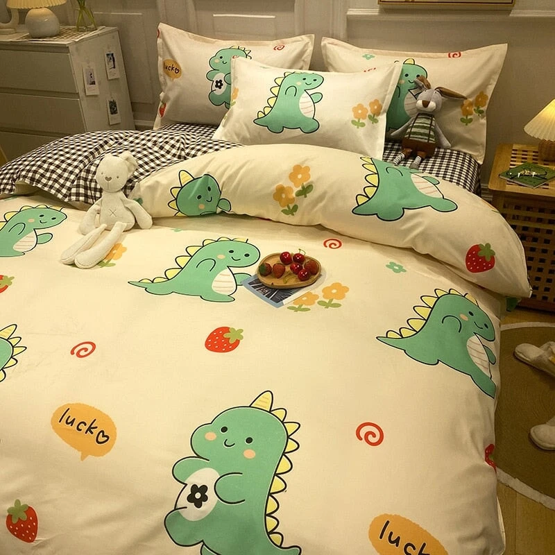 Kawaii Green Dinosaur Floral 120gsm Polyester Bedding Set - Image 3