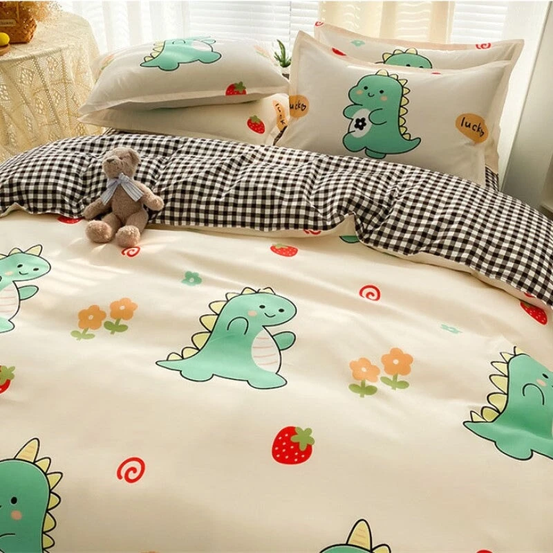 Kawaii Green Dinosaur Floral 120gsm Polyester Bedding Set - Image 7