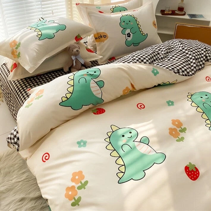 Kawaii Green Dinosaur Floral 120gsm Polyester Bedding Set - Image 4