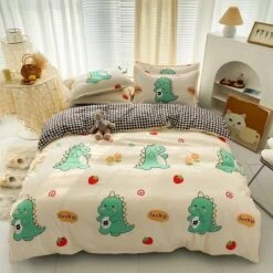 Kawaii Green Dinosaur Floral 120gsm Polyester Bedding Set